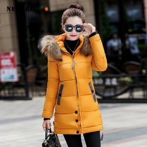 NEEDBO Down Jacket Women Long Winter Down Coat Fur Collar Slim Oversize Doudoune Femme Jacket Coat Lady Down Parka Long Coat