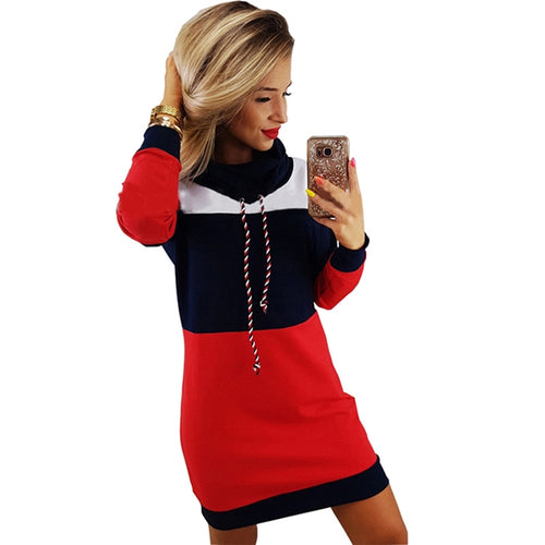 Bigsweety Casual Patchwork Hoodie Dress New Fashion Autumn Winter Turtleneck Long Sleeve Hooded Sweatshirt Mini Dress Vestidos