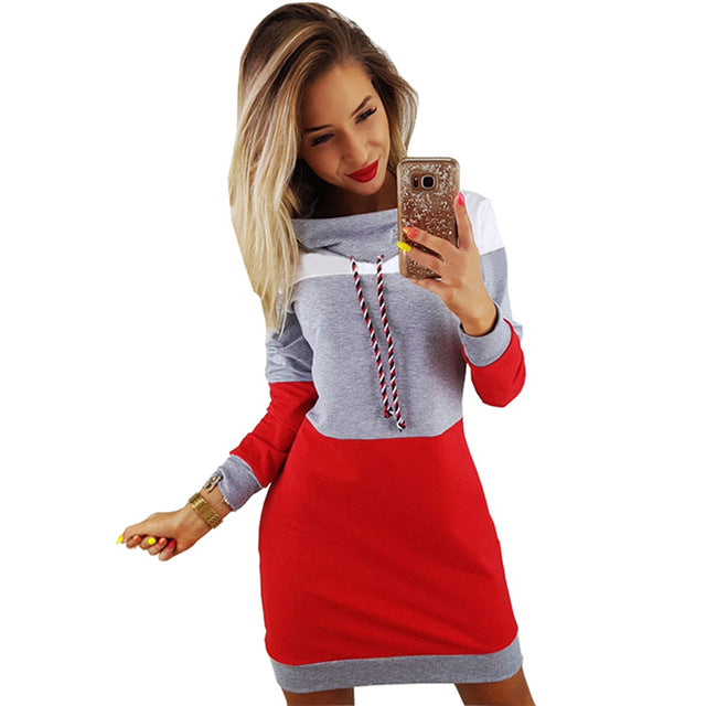 Bigsweety Casual Patchwork Hoodie Dress New Fashion Autumn Winter Turtleneck Long Sleeve Hooded Sweatshirt Mini Dress Vestidos