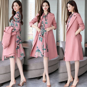 Spring Autumn Trench Coat Slim OL Ladies Trench Coat Women Dress Women Windbreakers Plus Size Two Pieces Women Sets Trench Coats