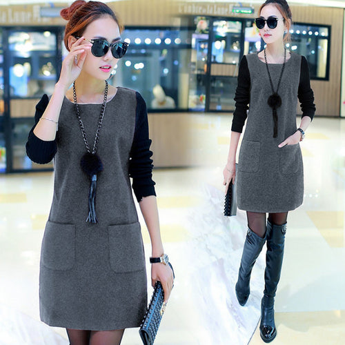 Droppshiping Women Fake Two Pieces Dress Pullover Round Neck Long Sleeves Autumn Outfits J55