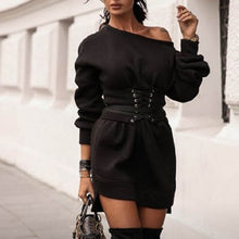 Load image into Gallery viewer, Lady Sexy One off shoulder Sweatshirt Dress Women Casual Autumn Long Sleeve Mini Dress Female Winter Warm Lace-Up Bandage Dress