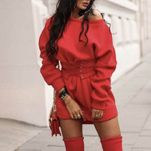 Load image into Gallery viewer, Lady Sexy One off shoulder Sweatshirt Dress Women Casual Autumn Long Sleeve Mini Dress Female Winter Warm Lace-Up Bandage Dress
