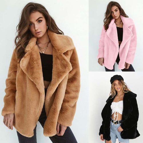 Winter Soft Plush Slim Women Jackets Turn Down Collar Warm Loose Casual Streetwear Clothing Female Pink Black Light Brown Coats