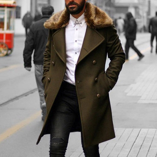 Men Wool Coat Winter Faux Fur Collar Warm Long Coats Men's Overcoat Trench Overcoat Fashion Vintage Army Green Long Jacket Man