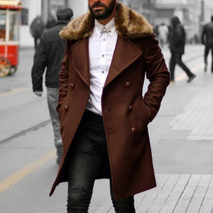 Men Wool Coat Winter Faux Fur Collar Warm Long Coats Men's Overcoat Trench Overcoat Fashion Vintage Army Green Long Jacket Man