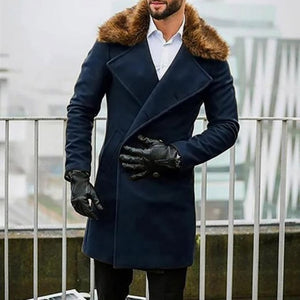 Men Wool Coat Winter Faux Fur Collar Warm Long Coats Men's Overcoat Trench Overcoat Fashion Vintage Army Green Long Jacket Man