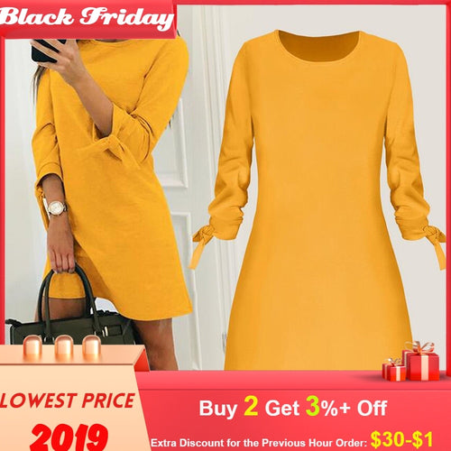 2019 Spring New Fashion Solid Color Dress Casual O-Neck Loose Dresses 3/4 Sleeve Bow Elegant Beach Female Vestidos Plus Size